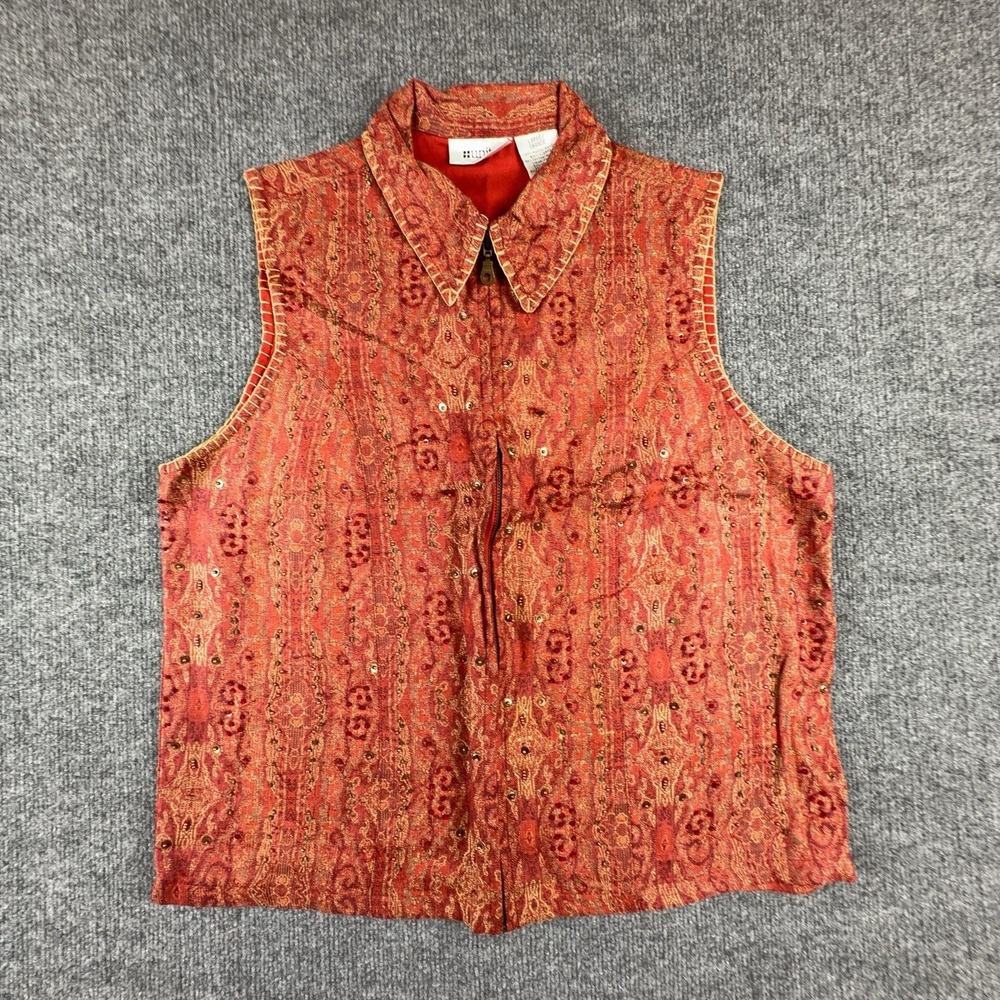 Units Vest Womens Large Red Paisley Beaded Sequin Zip Front Collared Lined Boho